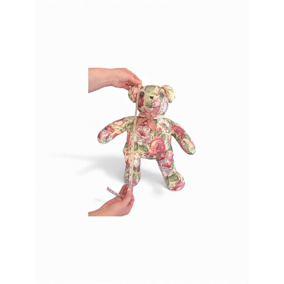 Floral Upholstered Teddy Bear With Pink Bow 15" Handmade Decorative Plush Keepsa - Picture 3 of 6